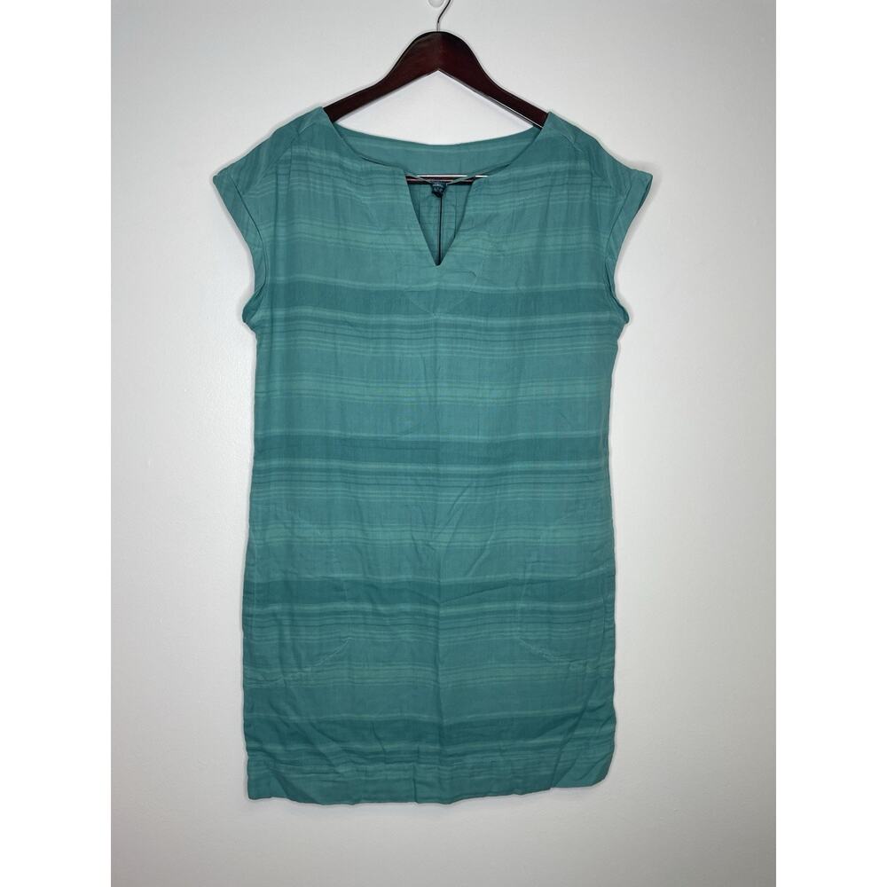 Prana Kai Retro Teal Stripe Shift Midi Dress Size LG Casual Organic NEW